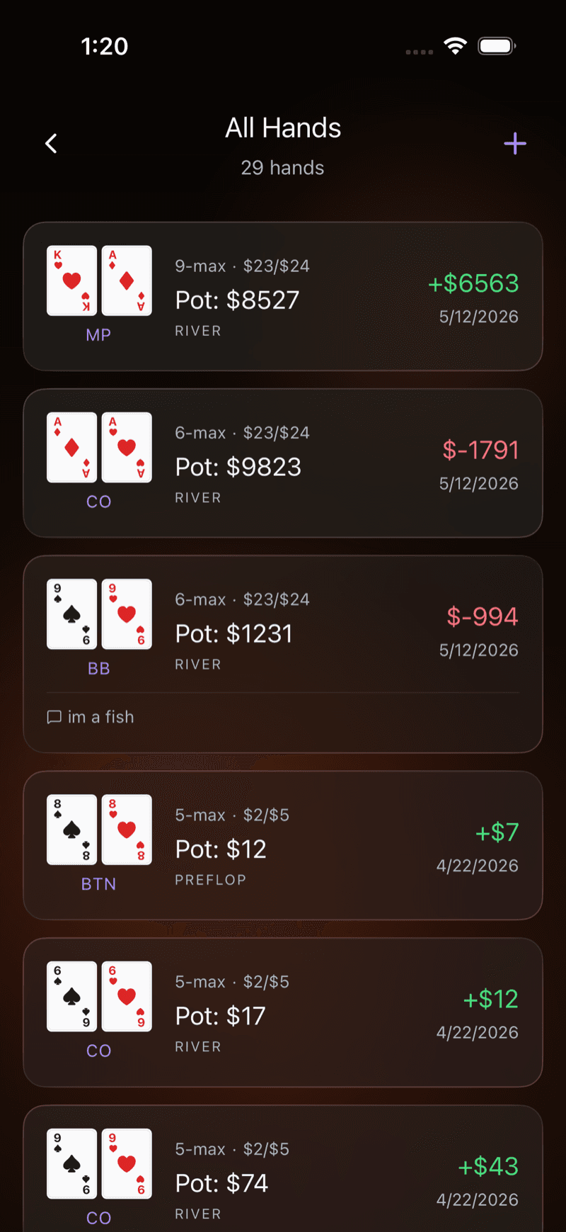 All Hands screen listing recorded poker hands with positions, pot sizes, and profit or loss