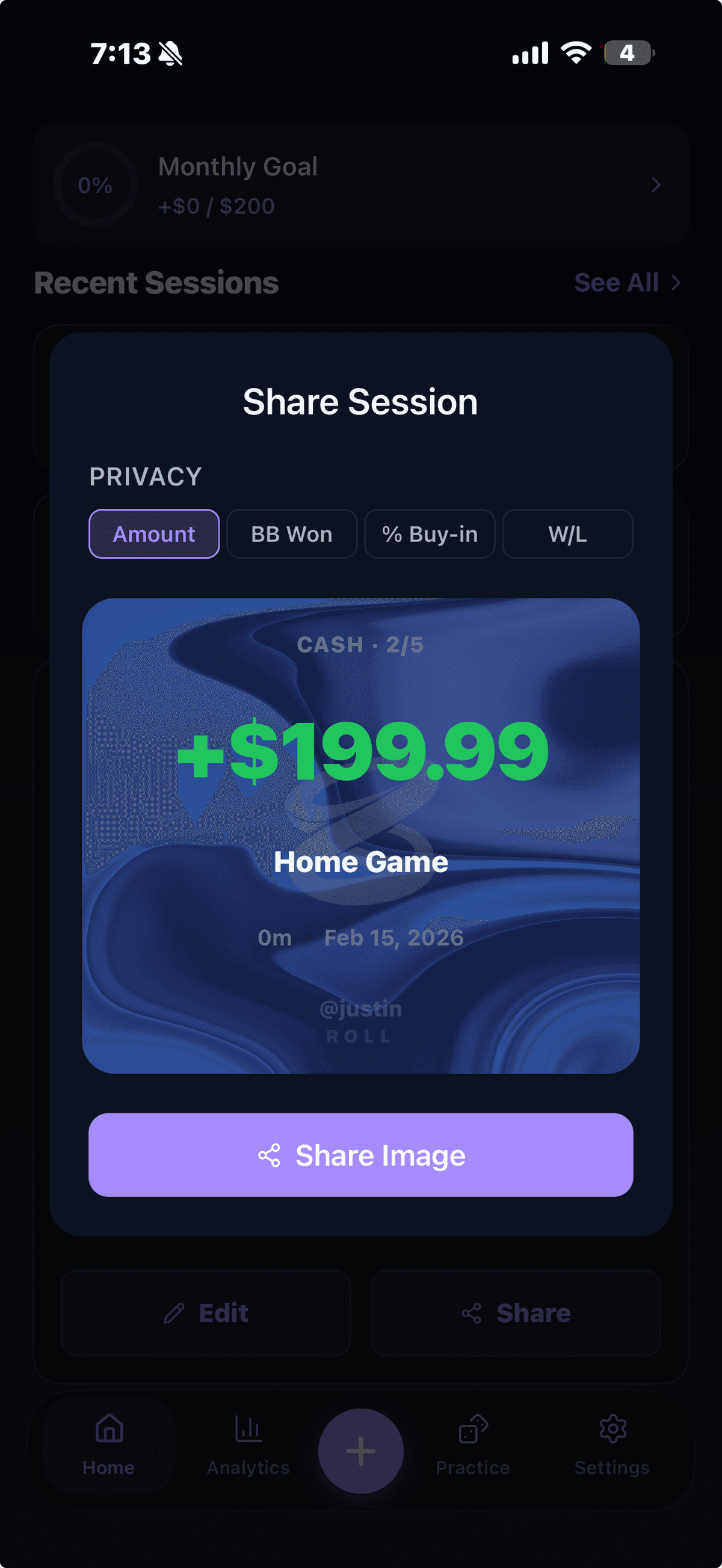 Share Session screen showing a session result card with privacy options